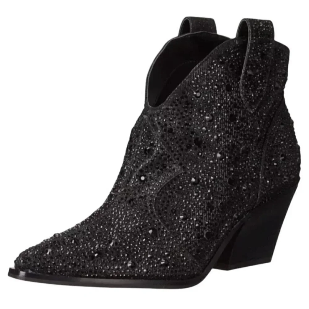 JESSICA SIMPSON / Black / Glittered / Ankle / Boots With Block Heel And Pull Tab